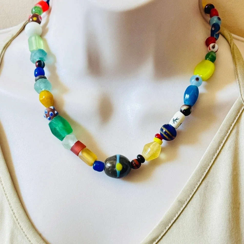 VTG‎ BOHO Art glass Necklace Colorful Beads lampwork Murano trading rare 18